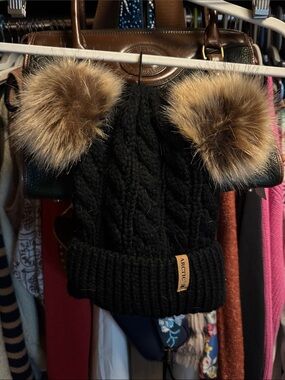Black Cable Knit Beanie with Dual Brown Faux-Fur Pom Poms